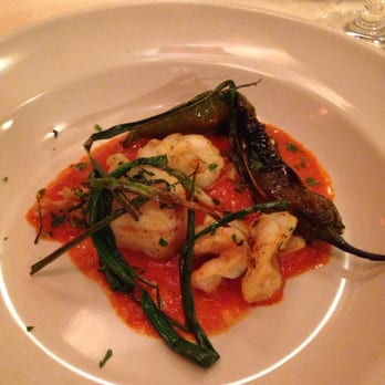 Chez Panisse - Grilled gulf shrimps and sea scallops with scallions and sweet pepper sauce - New American Near Me - Berkeley, California Chez Panisse - Grilled gulf shrimps and sea scallops with scallions and sweet pepper sauce - New American Near Me - Berkeley, California