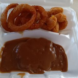 Real Deal Grill & More - Hamburger Steak in Gravy, with Onion Rings and Corn Fritters