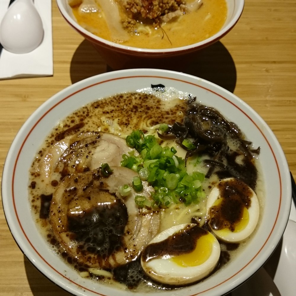 Sansotei Ramen - Tonkotsu Black (front) & Spicy TanTan (back) - Japanese Near Me - Markham, Ontario Sansotei Ramen - Tonkotsu Black (front) & Spicy TanTan (back) - Japanese Near Me - Markham, Ontario