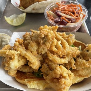 the knack - From top: fish tacos, carrot apple slaw and whole clam roll - Seafood Near Me - Orleans, Massachusetts