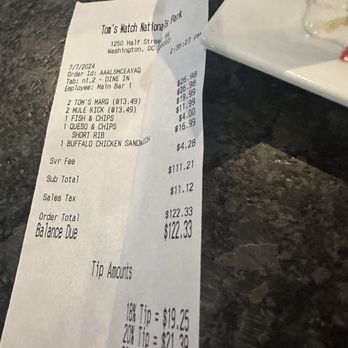 Tom's Watch Bar - Receipt - Sports Bars Near Me - Washington, DC, District of Columbia