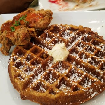 Batter & Berries - Cluck-N-Gaufre aka Chicken and Waffles drizzled in a nutmeg hot sauce and maple butter - Breakfast & Brunch Near Me - Chicago, Illinois Batter & Berries - Cluck-N-Gaufre aka Chicken and Waffles drizzled in a nutmeg hot sauce and maple butter - Breakfast & Brunch Near Me - Chicago, Illinois