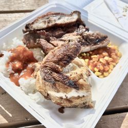 Maui Rotisserie Chicken - The combo plate with added Sriracha sauce. They also have teriyaki sauce available.