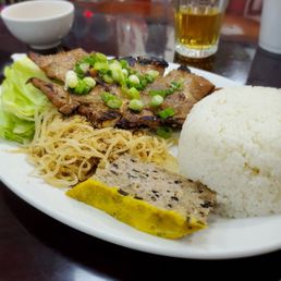 BBQ pork with crab patty over broken rice BBQ pork with crab patty over broken rice