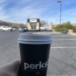 Perks - 16 ounce caramel macchiato with oat milk for the road home!