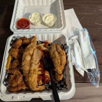 Imagine That Cafe and Bakery - 2 pc whiting and shrimp with fries and tartar sauce and cocktail sauce and a can drink! - Bakeries Near Me - Decatur, Georgia