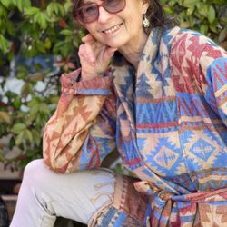 The Mud Lotus - Our lightweight and cozy Himalayan Belted Jacket 3/4 Length (Beige/Red/Blue).