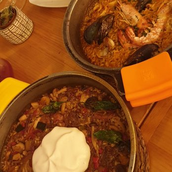 Arume - Left - Duck Paella (2 servings) Right - Seafood Paella (1 serving) Photographer: Just had the best dinner ever. Thank you Arume. - Mediterranean Near Me - Barcelona, B Arume - Left - Duck Paella (2 servings) Right - Seafood Paella (1 serving) Photographer: Just had the best dinner ever. Thank you Arume. - Mediterranean Near Me - Barcelona, B