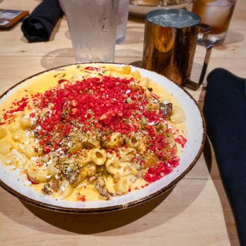 Pour Company - Bacon Mac and Cheese made "Angry" with chicken, buffalo sauce, and flaming hot Cheetos. - New American Near Me - Fullerton, California Pour Company - Bacon Mac and Cheese made "Angry" with chicken, buffalo sauce, and flaming hot Cheetos. - New American Near Me - Fullerton, California