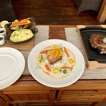 One Forty - The sides with the steak; the fresh catch, and I guess I did get a photo of the whole sizzling steak - Breakfast & Brunch Near Me - Lana'i City, Hawaii