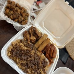 American Wings & Seafood - Honey lemon pepper wings, honey hot lemon pepper wings, beef fried rice, spring rolls, fried okra, and lemonade.