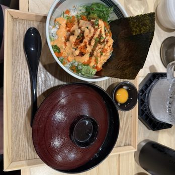 Totoya - Spicy negitoro bowl with egg yolk and soy sauce, with an add on of crab miso soup - Japanese Near Me - Honolulu, Hawaii