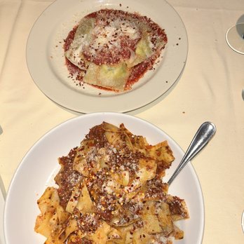 Cafe Toscano - ravioli on top & parpadelle with bolognese sauce on the bottom - Italian Near Me - Aurora, Ohio