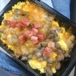 QuikTrip - The sausage, egg, cheese breakfast scrambler with pico de gallo added from the condiment bar.