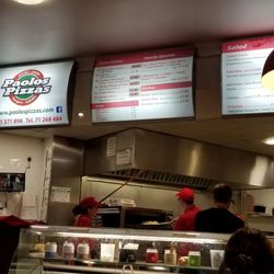Paolos Pizzas - Not shown: 3 menu boards of 10" & 12"  pizzas, from Margherita to Hawaiian, from 5.60 British Pounds to 10.0.