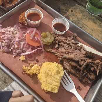 The Smoke Joint - Brisket with half of corn bread. And some lettuce wedge in the corner - American Near Me - Livingston Manor, New York