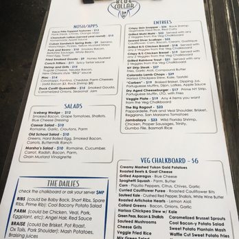 Blue Collar - Apps, salads, dailies, entrees, veg chalkboard; this is a huge food menu. - Comfort Food Near Me - Miami, Florida Blue Collar - Apps, salads, dailies, entrees, veg chalkboard; this is a huge food menu. - Comfort Food Near Me - Miami, Florida