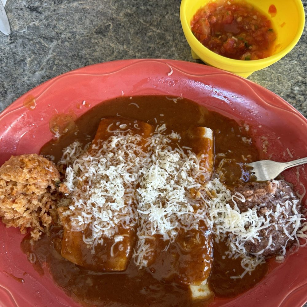 Tio Pepe's II - 2 cheese enchiladas with dark sauce, rice and beans. - Mexican Near Me - Stockton, California Tio Pepe's II - 2 cheese enchiladas with dark sauce, rice and beans. - Mexican Near Me - Stockton, California