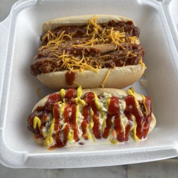 Q’s Culinary Cart - Two chili cheese dogs with The Southern Boy on the side. - Hot Dogs Near Me
