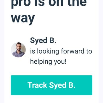 HelloTech - The tech - A mobile screenshot displaying a service update message with a technician named Syed B., including a profile picture and a tracking button. - IT Services & Computer Repair Near Me