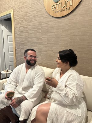 The Ultimate Couples Massage - A magical experience for soul mates 

Treat your better half with this entrancing, deeply relaxing massage that brings you closer together as you both fade away into complete bliss and harmony.

Includes a full-body and scalp massage with sedative essential oils and our signature “true romance” organic mini facial.

Our mini facial is guaranteed to enlighten your senses and provide a refreshing balance to your face. We use organic products from Eminence, a popular brand known for using the purest ingredients in today’s market.