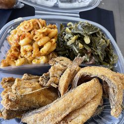 Southern Blues Soul Food - Fried fish meal with Mac & Cheese plus Collard Greens