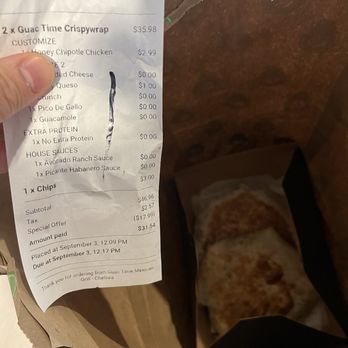 Guac Time - My receipt and my order as I received it - missing an item which they refused to send over or refund me for. - Mexican Near Me - New York, New York