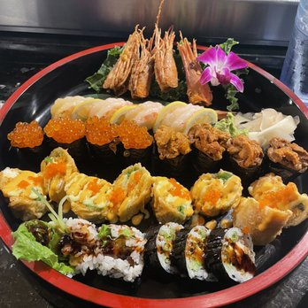 Sakura - Amaebi nigiri, ikura nigiri, Uni nigiri, Yellow Tail Roll and Soft shell crab roll. - Sushi Bars Near Me - Kapolei, Hawaii Sakura - Amaebi nigiri, ikura nigiri, Uni nigiri, Yellow Tail Roll and Soft shell crab roll. - Sushi Bars Near Me - Kapolei, Hawaii