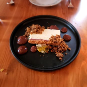 Heirloom - Mascarpone & Olive Oil Semifreddo  strawberry graham cracker crust, rhubarb & basil preserves, brown butter poppy seed crumble, honey comb - New American Near Me - Lewes, Delaware