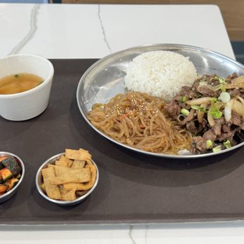 The Chaum - Beef Bulgogi with rice, glass noodles, miso soup, fish cake and zucchini kimchi! - Korean Near Me - Martinez, Georgia