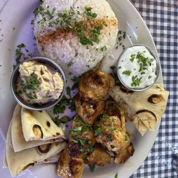 Santorini Gyro - Chicken Kebab with rice, fresh hummus & Tzatziki with Pita Bread - Mediterranean Near Me - Palm Springs, California