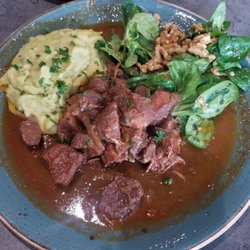 Radeberger Bierstube - Wild game ragout braised in burgundy with brussel sprout puree and a salad with roasted walnuts