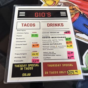 Gio's Taqueria 2 - Menu - Tacos Near Me - Carrollton, Texas