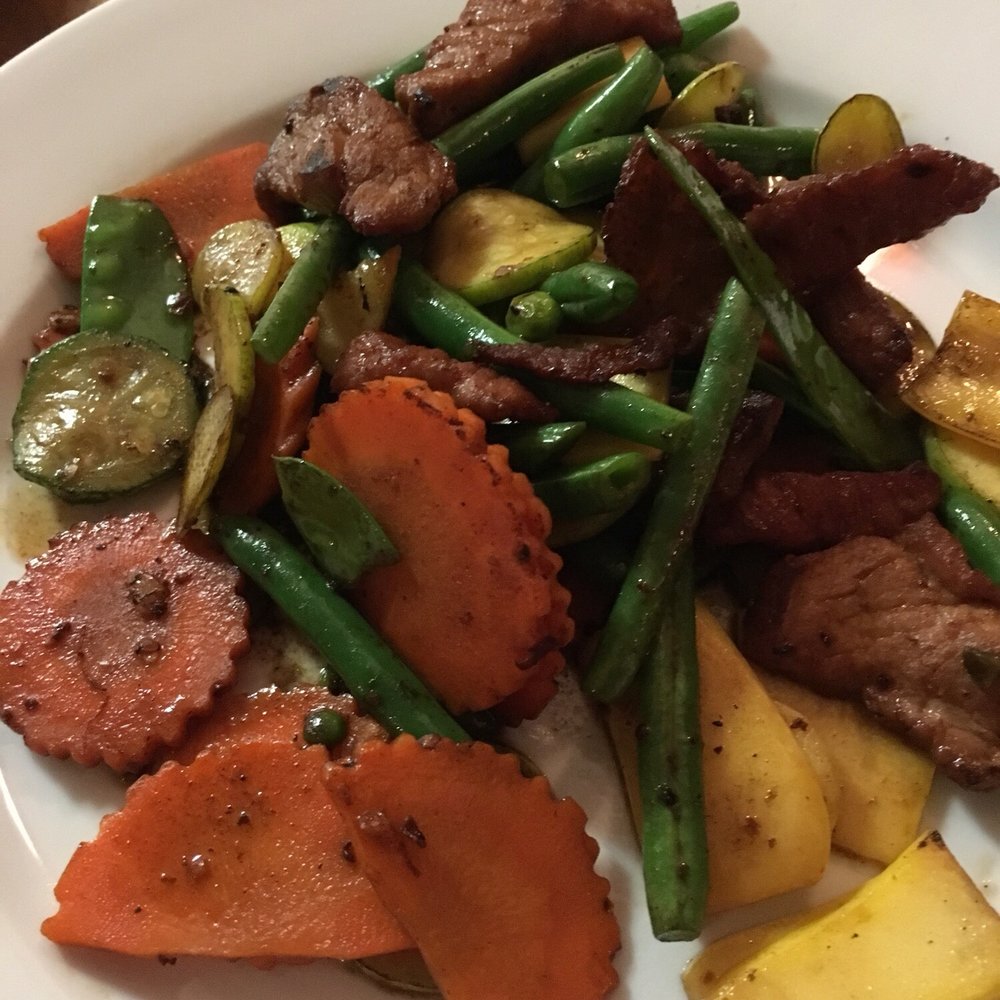 Thai Grille - Too many veggies and this dish is called crispy pork.  Nothing crispy about it unless they are referring to crispy veggies. $16 - Thai Near Me - Westerville, Ohio