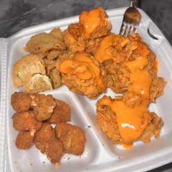 From their hot food bar: chicken tenders, cheese curds and fried pickles