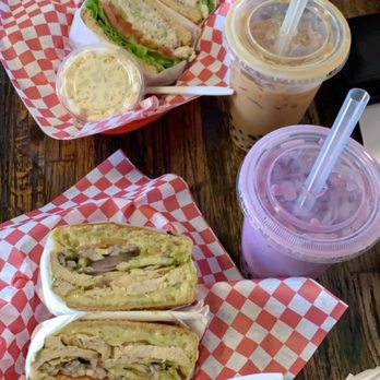 Cafe Aroma - On the top:  Crab Salad Sandwich with mac salad and a mocha boba On the bottom: Grilled Hot Torta Supreme with potato salad and a taro boba - Coffee & Tea Near Me - Manteca, California