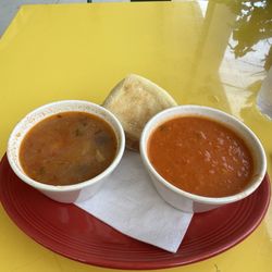 Souper Jenny - Seafood Chowder and Tomato, Basil, Goat cheese bisque.
