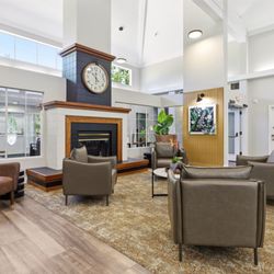 Carlton Concord - Independent seniors can relax and chat with friends in Carlton Concord's fireplace lounge and other convenient community spaces.