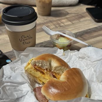 Lily's Coffee House - Hot chai with oat milk and vanilla + breakfast bagel - Cafes Near Me - Cambria, California Lily's Coffee House - Hot chai with oat milk and vanilla + breakfast bagel - Cafes Near Me - Cambria, California