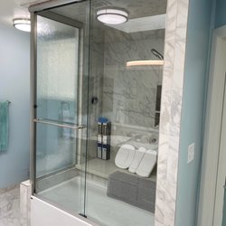 C & S Shower Door - Custom ByPass Sliding Enclosure with 90 Deg Return Panel in Rain Glass