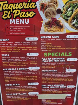 Menu photo 1 Taqueria El Paso Roanoke, VA Menu photo 1 Taqueria El Paso Roanoke, VA