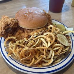 Jose's Cafe - Half size hand breaded Pork tenderloin and fresh cut Susie Q fries - delicious!  Probably the best pork tenderloin in the KC area.