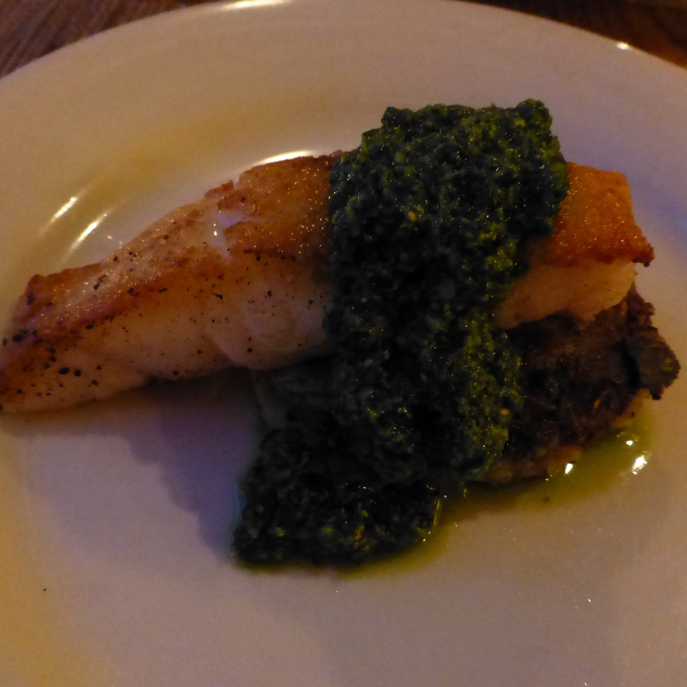 La Morra - Pan roasted hake with potato artichoke cake and arugula pesto 4/2013 - Italian Near Me - Brookline, Massachusetts La Morra - Pan roasted hake with potato artichoke cake and arugula pesto 4/2013 - Italian Near Me - Brookline, Massachusetts