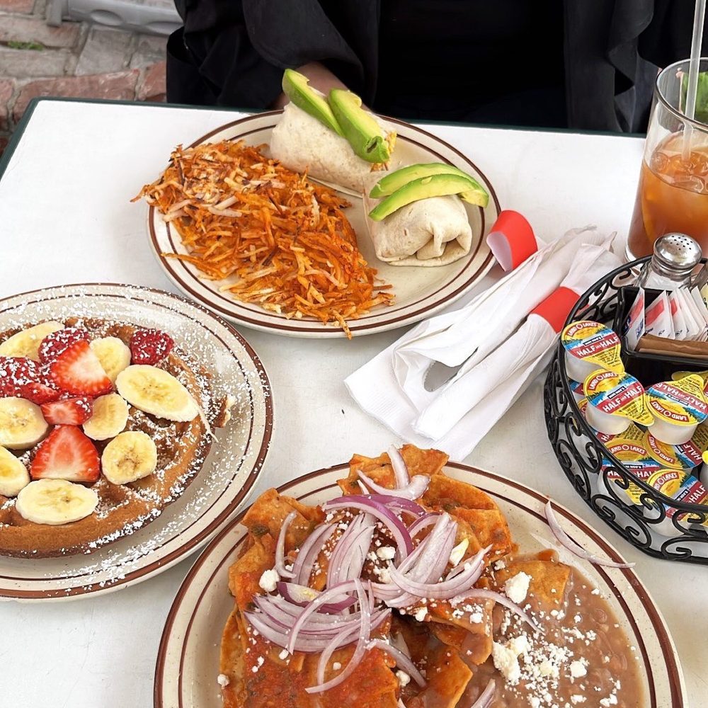 Ocean View Café - CHILAQUILES Baja Burrito Belgian Waffle with fruit - Breakfast & Brunch Near Me - Manhattan Beach, California Ocean View Café - CHILAQUILES Baja Burrito Belgian Waffle with fruit - Breakfast & Brunch Near Me - Manhattan Beach, California