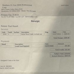 Matthew O Cox, DDS - My bill from March 2024