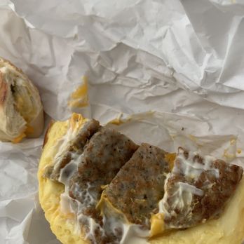 HB Bagels & Cafe - A sausage patty cut into little pieces! - Bagels Near Me - Huntington Beach, California