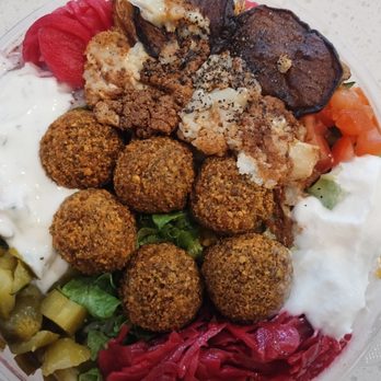 Sababa Falafel Shop - Falafel Bowl with all toppings except spicy items and fried vegetables added - Falafel Near Me - Garden Grove, California