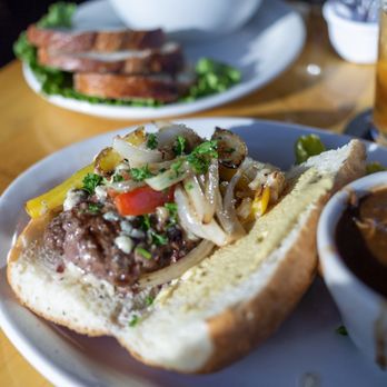 74th Street Ale House - Blu Cheese Burger with grilled onions and bell peppers - Pubs Near Me - Seattle, Washington 74th Street Ale House - Blu Cheese Burger with grilled onions and bell peppers - Pubs Near Me - Seattle, Washington