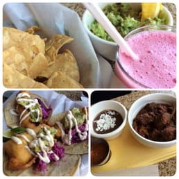 Goat cheese and sun dried guacamole and hibiscus margarita. Tacos estilo Baja. Tacos de Adobo.