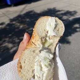 Everything bagel toasted with cream cheese scallion Everything bagel toasted with cream cheese scallion